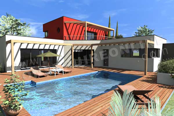 plan maison toit plat piscine