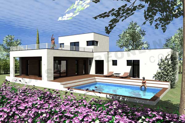 plan contemporaine toit plat étage piscine