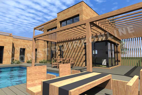 Plan de maison bois etage contemporaine INFINITY vue terrasse