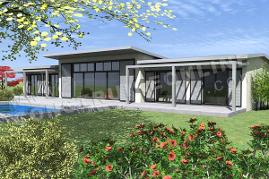 Plan de maison contemporaine bois pilotis ZENITH vue avant