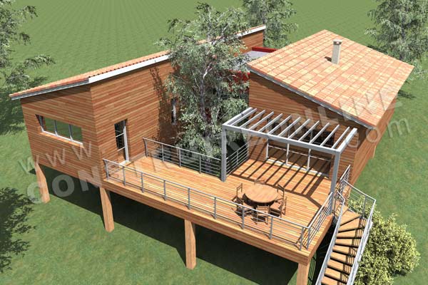 Plan de maison contemporaine bois pilotis PODIHOME vue dessus (1)