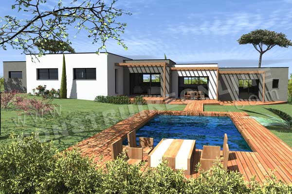 Plan de maison contemporaine terrain en  pente ESCALA vue piscine