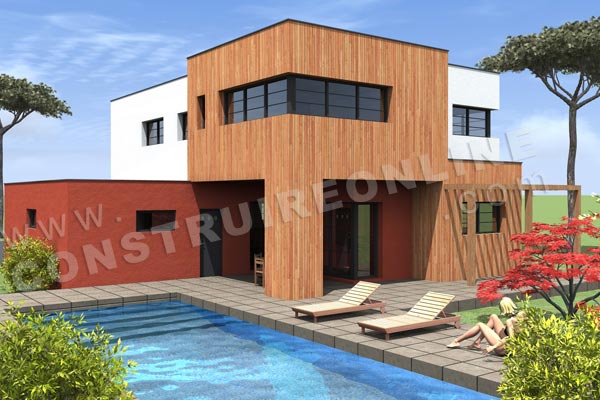 Plan de maison etage contemporaine cubique PACHO vue piscine