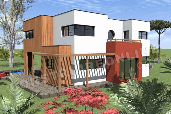 Plan de maison etage contemporaine cubique PACHO vue terrasse