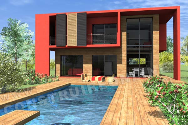 Plan de maison etage contemporaine cubique CUB vue terrasse
