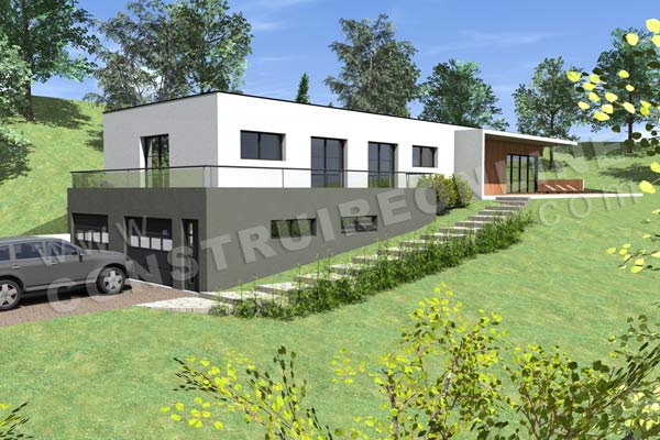 Plan de maison contemporaine terrain pente CARAVELLE vue garage