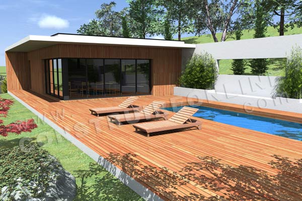 Plan de maison contemporaine terrain pente CARAVELLE vue piscine