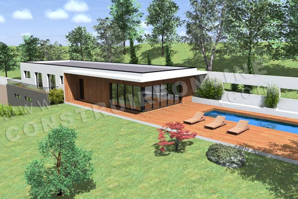 Plan de maison contemporaine terrain pente CARAVELLE vue terrasse