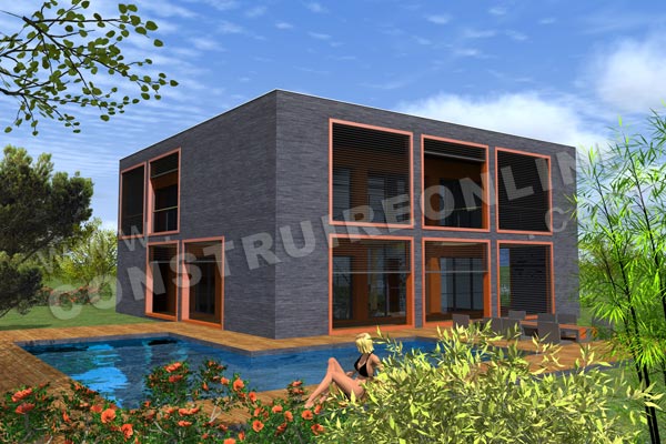 Plan de maison etage contemporaine cubique BOXY vue piscine