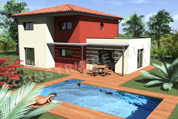 Plan de maison etage moderne PASSIFLORE vue piscine