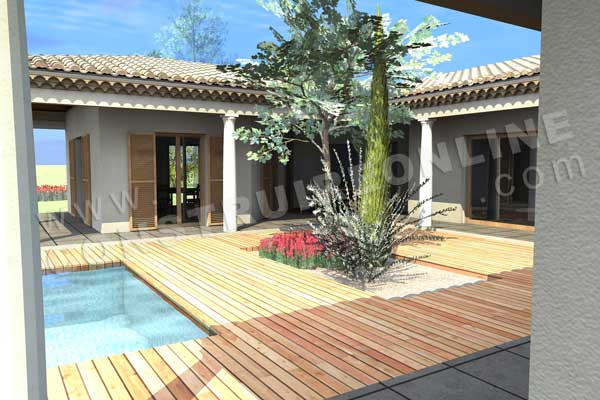 plan de maison en U mediterraneenne ESTRAN piscine terrasse