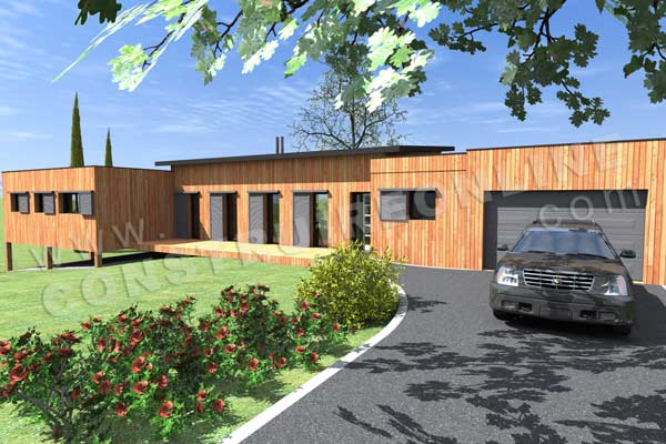 Plan de maison contemporaine bois pilotis CHIC ET CHOC vue garage