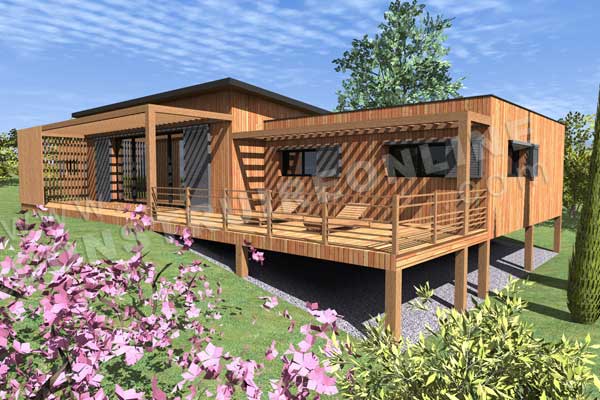 Plan de maison contemporaine bois pilotis CHIC ET CHOC vue terrasse principale