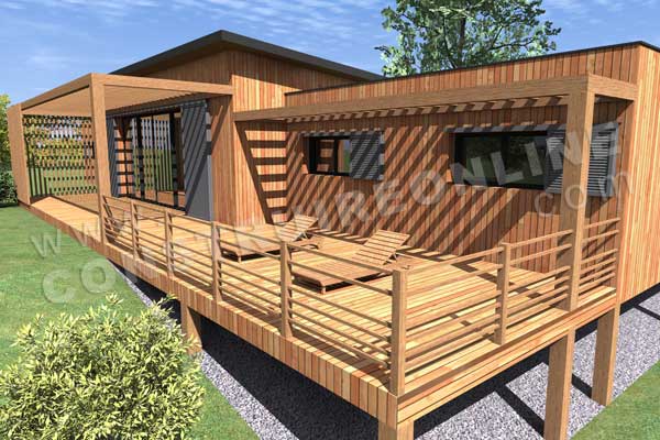 Plan de maison contemporaine bois pilotis CHIC ET CHOC vue terrasse proche
