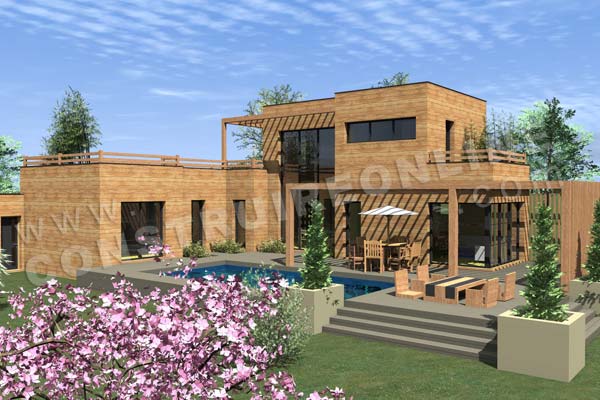 Plan de maison bois etage contemporaine INFINITY vue piscine