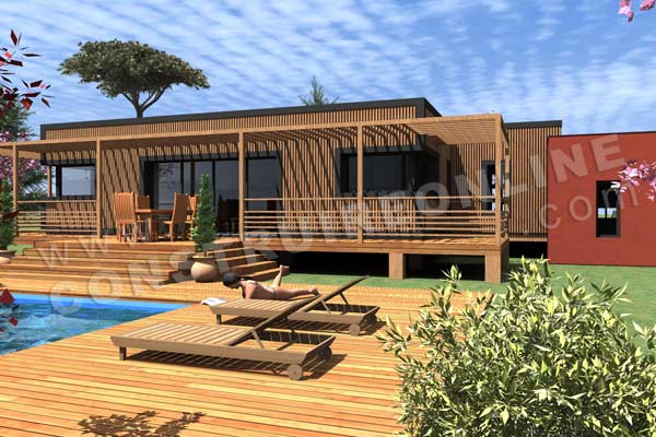 Plan de maison contemporaine bois pilotis SAPELLI vue terrasse2