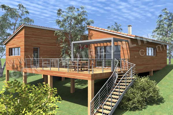 Plan de maison contemporaine bois pilotis PODIHOME vue terrasse