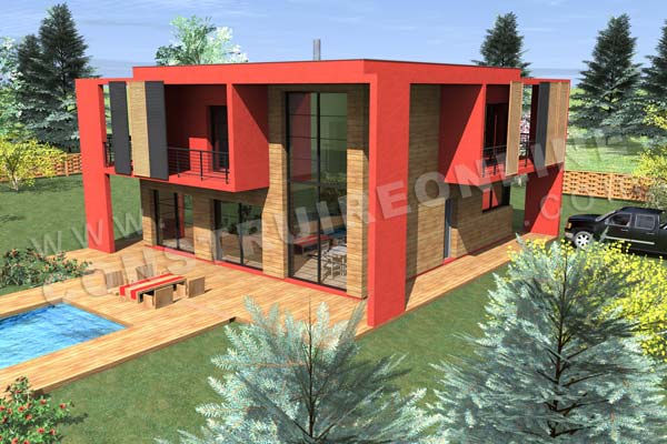 Plan de maison etage contemporaine cubique CUB vue entree dessus