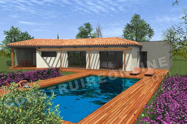 Plan de maison moderne patio ATRIUM vue piscine