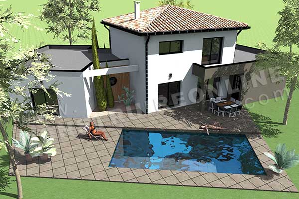 plan de maison en V moderne HARMONY ciel piscine